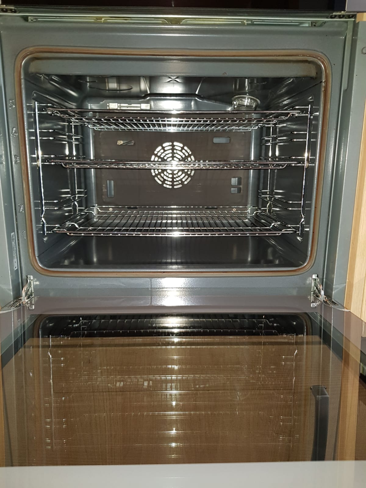 Vertical close-up of a clean oven interior and fan panel
